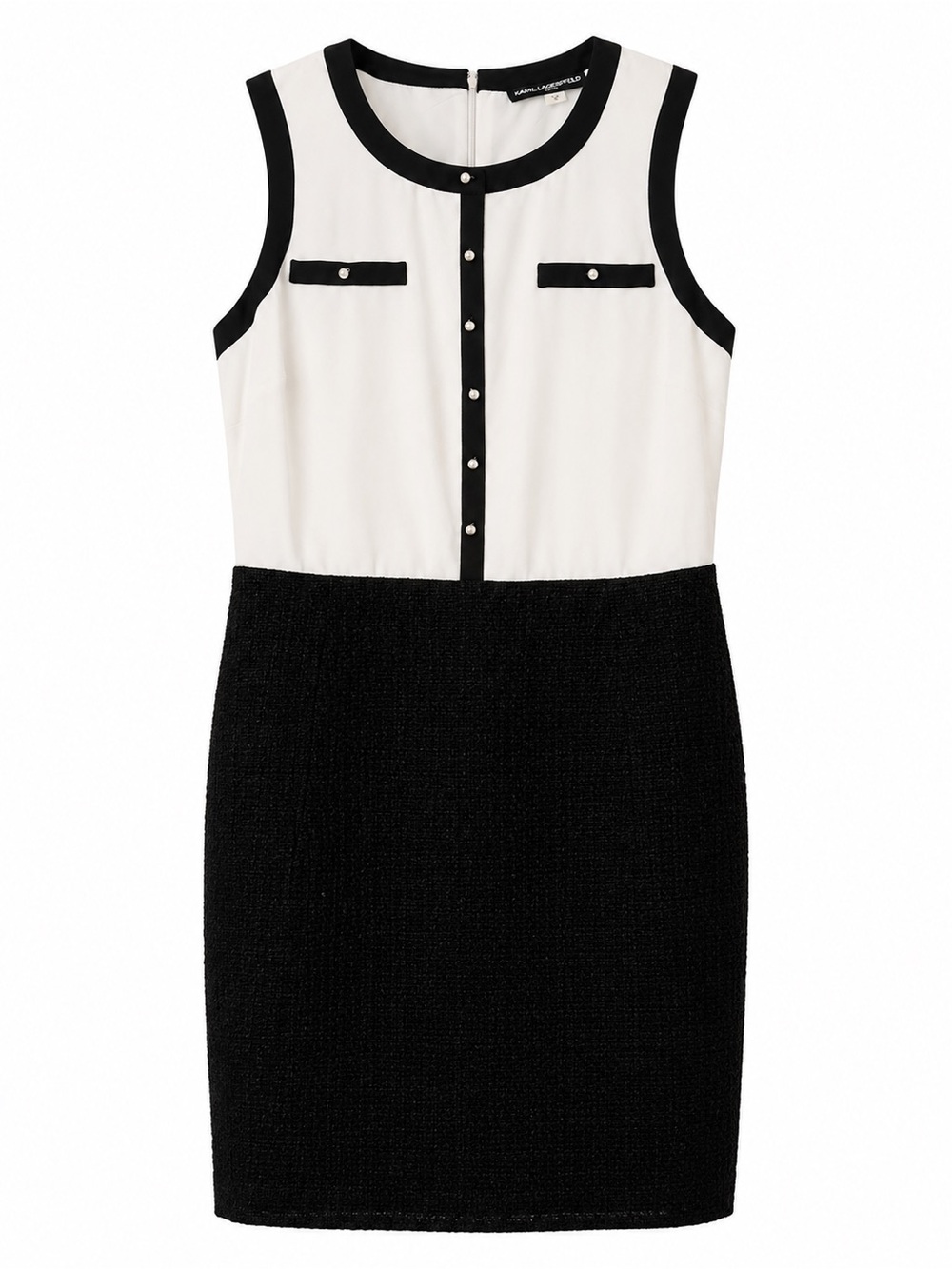Karl Lagerfeld Paris Tweed Colorblock Dress Black White Pearl Buttons - Size 12